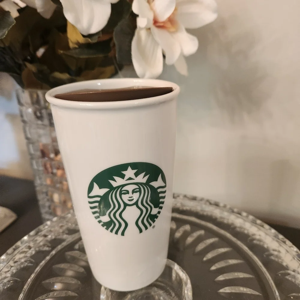 Starbucks White Mermaid Siren Logo Ceramic Travel Mug 12‎ oz Lid ☕️Like New!